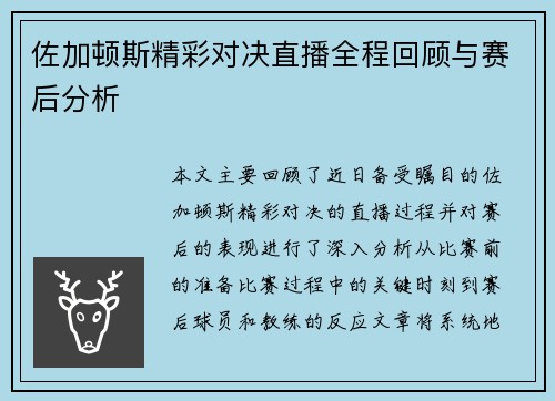 佐加顿斯精彩对决直播全程回顾与赛后分析