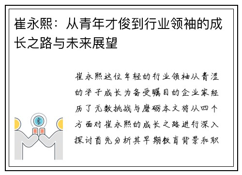 崔永熙：从青年才俊到行业领袖的成长之路与未来展望